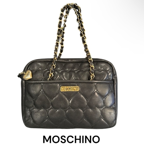 Authentic Moschino designer vintage black leather quilted heart handbag purse - Picture 1 of 10